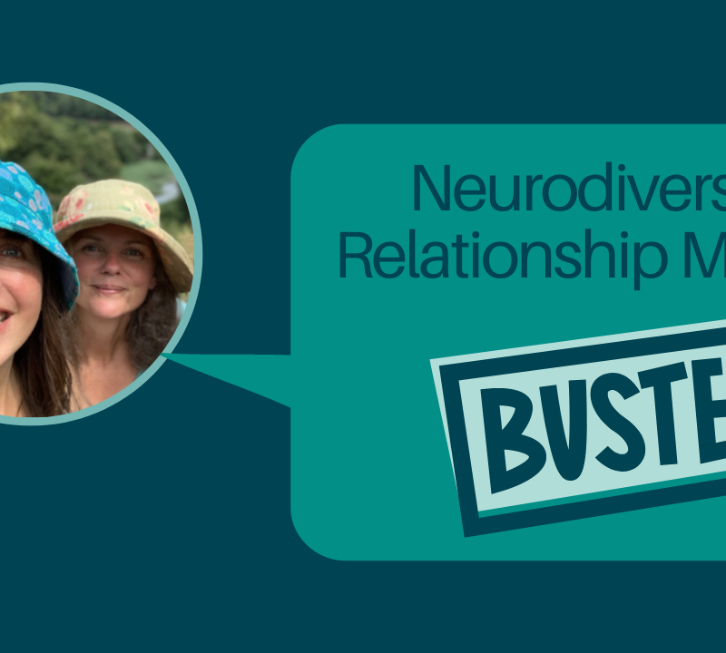 Neurodiverse Relationship Myths Busted banner image featuring photo of neurodiverse relationship coaches Natalie Roberts and Heather Parsk